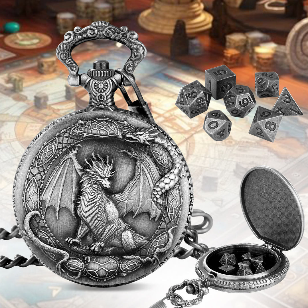 WorldNorse Mythology Dragon Pattern Polyhedral Dice Waist Chain - Pocket Watch Case + Chain + Dice - Silver - image 5