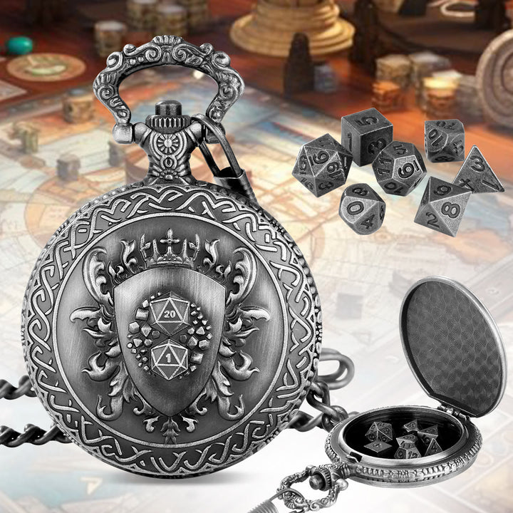 WorldNorse Vintage Shield Case Dice Set Waist Chain - Pocket Watch Case + Chain + Dice - Silver - image 5