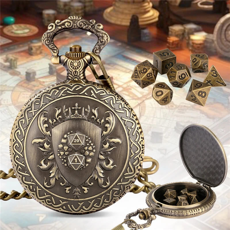 WorldNorse Vintage Shield Case Dice Set Waist Chain - Pocket Watch Case + Chain + Dice - Gold - image 0