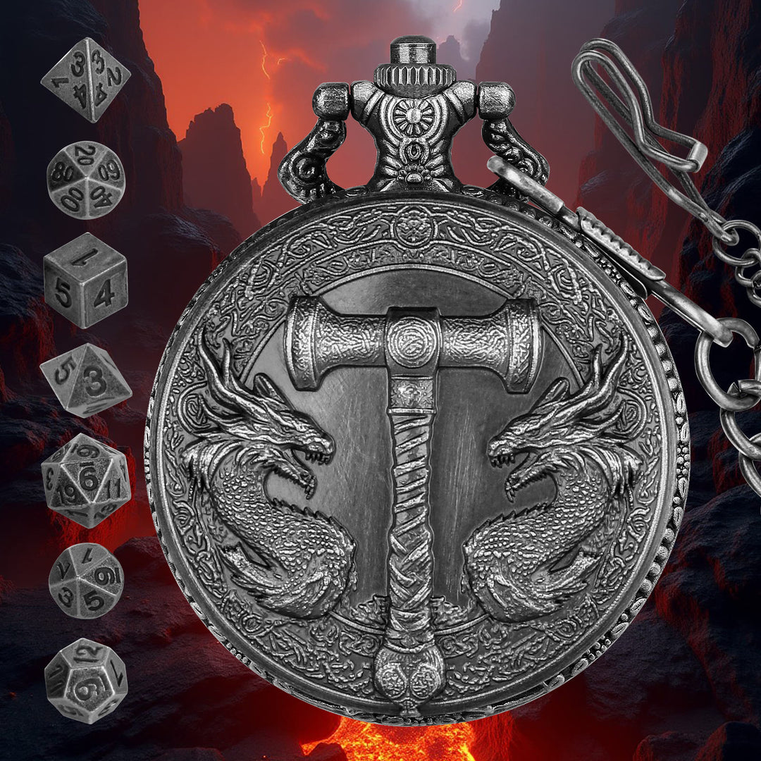 WorldNorse Hammer Double Dragons Dice Set Waist Chain - Pocket Watch Case + Chain + Dice - Silver - image 6