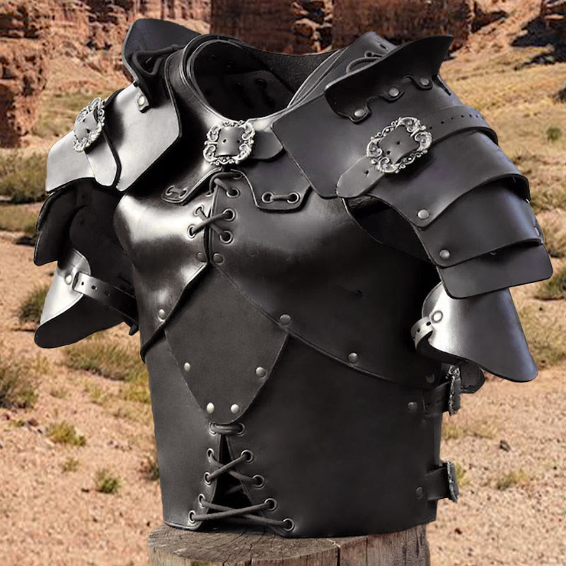 WorldNorse Medieval Rivets Lace Up Adjustable Buckles Chest Armor - Black - image 2
