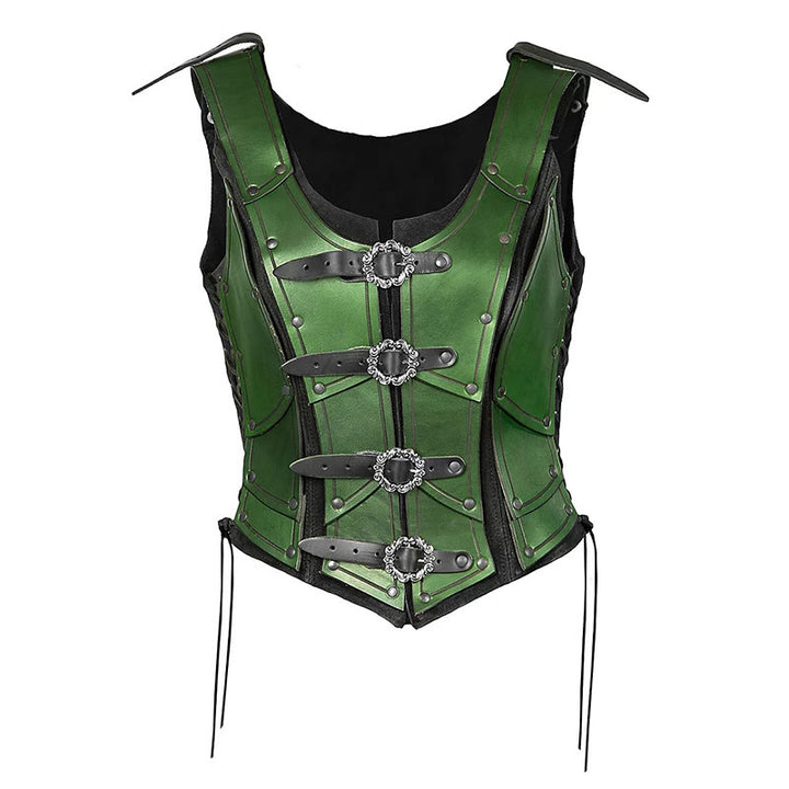 WorldNorse Women Retro Rivet Four Ring Buckles Chest Armor  - Green - image 6