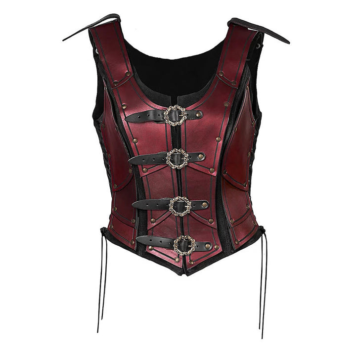 WorldNorse Women Retro Rivet Four Ring Buckles Chest Armor  - Red - image 5