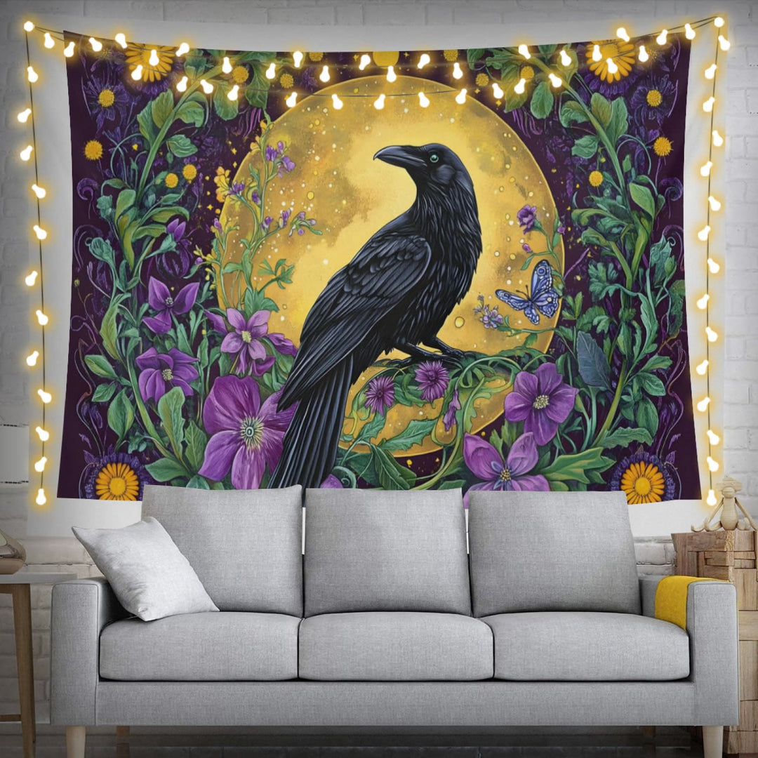 WorldNorse Raven Amidst Golden Moon Wildflowers Tapestry - image 3