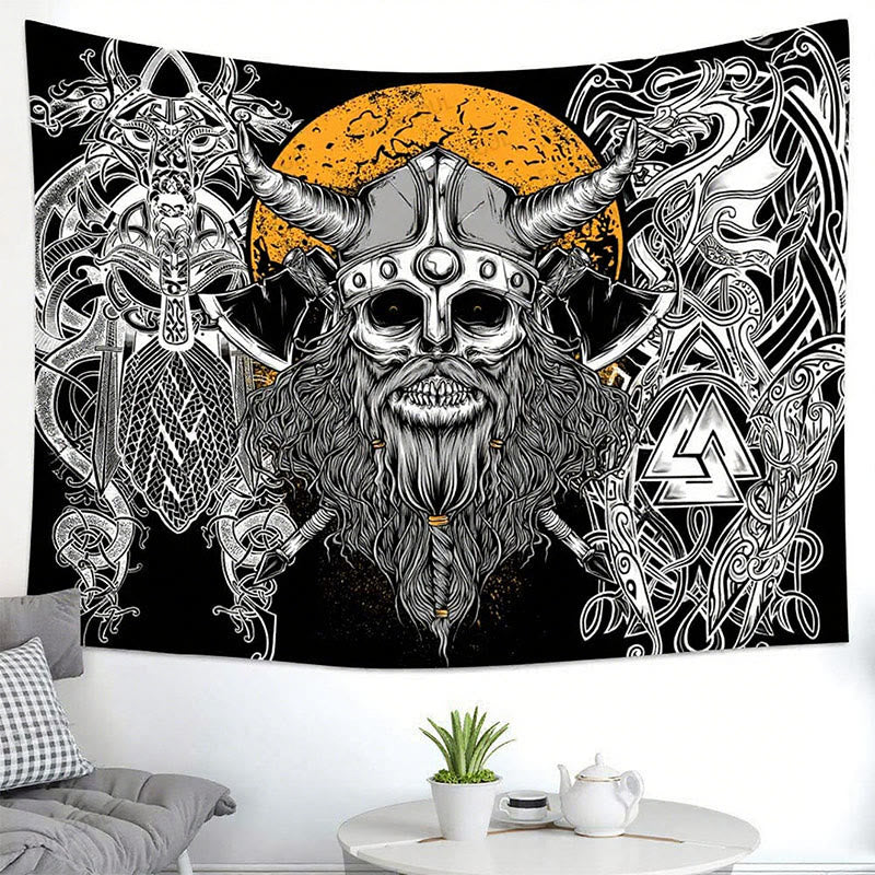 WorldNorse Viking Skull Horned Helmet Norse Weapon Tapestry - image 1