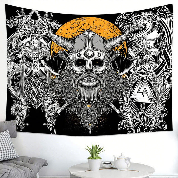 WorldNorse Viking Skull Horned Helmet Norse Weapon Tapestry - image 1