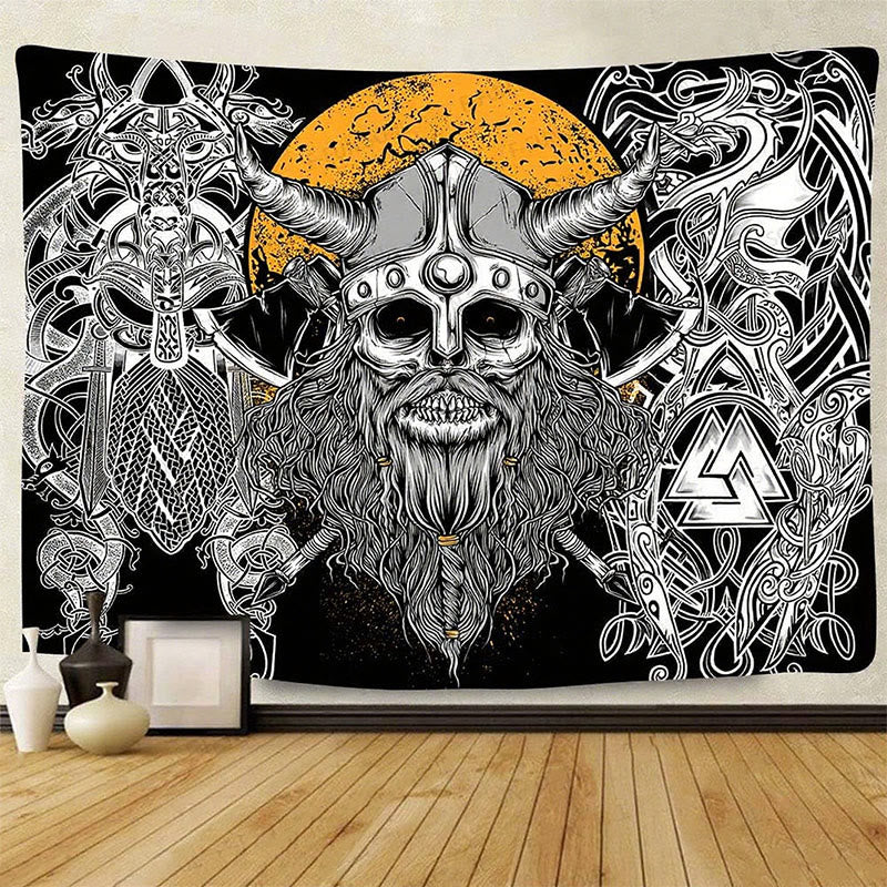 WorldNorse Viking Skull Horned Helmet Norse Weapon Tapestry - Viking Axe - 180X320cm - image 0