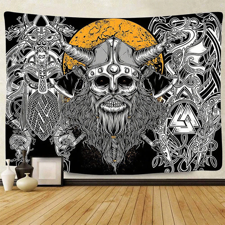 WorldNorse Viking Skull Horned Helmet Norse Weapon Tapestry - Viking Axe - 180X320cm - image 0