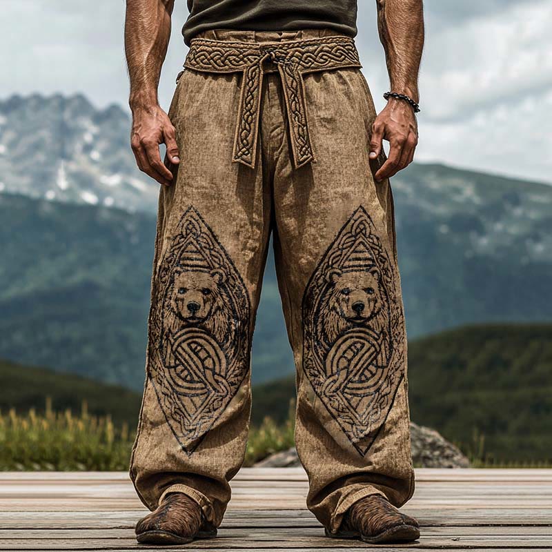 WorldNorse Mythology Viking Bear Celtic Knot Linen Pants - US/UK/AU50，EU60 (5XL) - image 0