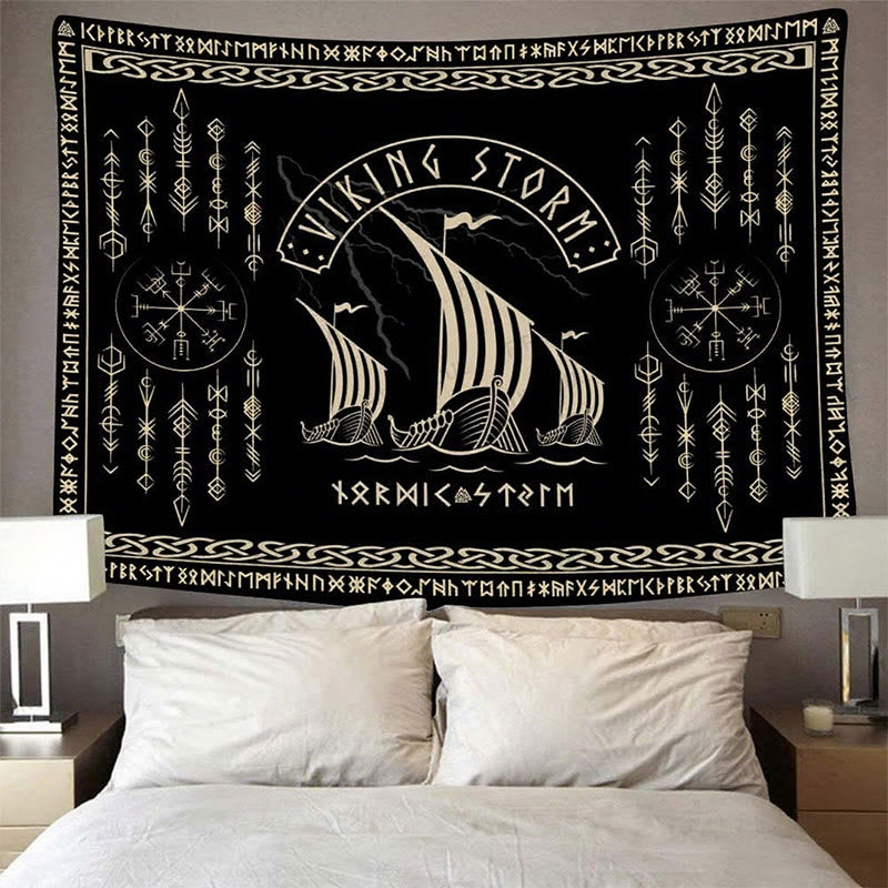WorldNorse Viking Storm Longship Rune Totem Tapestry - image 1