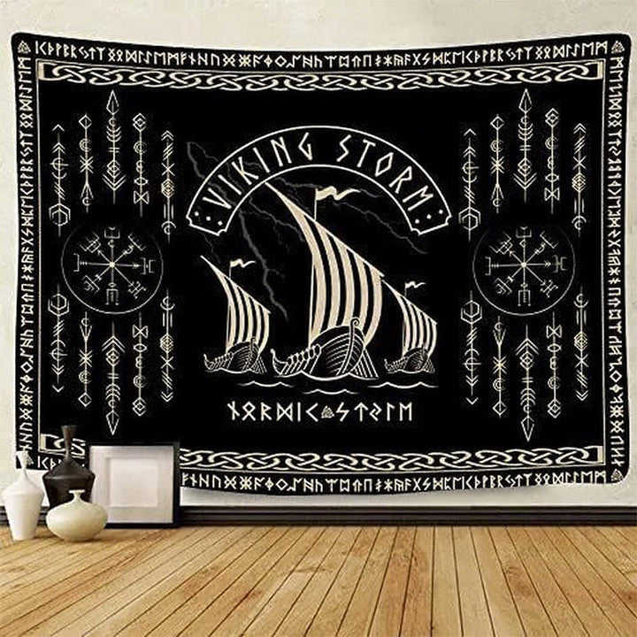 WorldNorse Viking Storm Longship Rune Totem Tapestry - Vegvisir - 180X320cm - image 0
