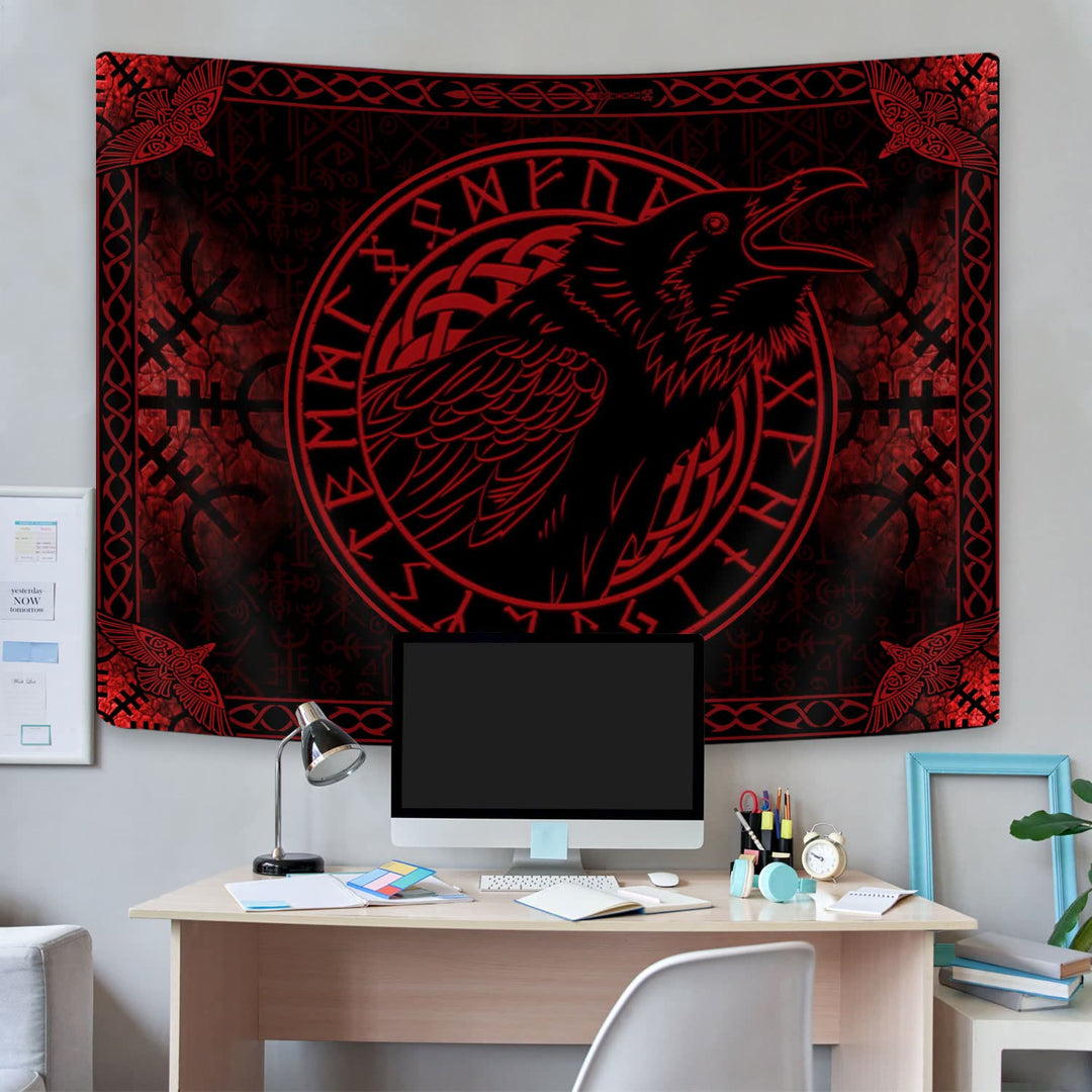 WorldNorse Raven Crow Rune Red And Black Tapestry - image 2