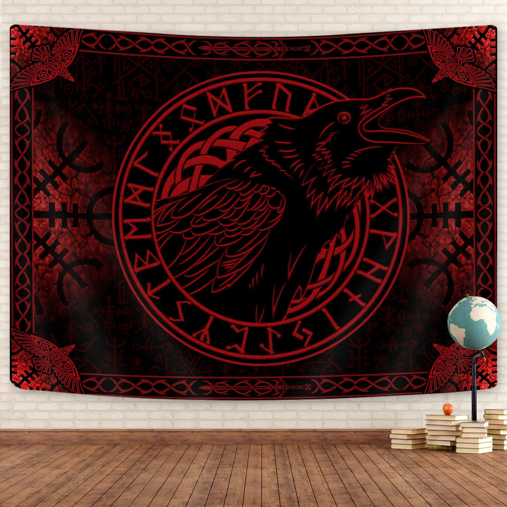 WorldNorse Raven Crow Rune Red And Black Tapestry - image 1