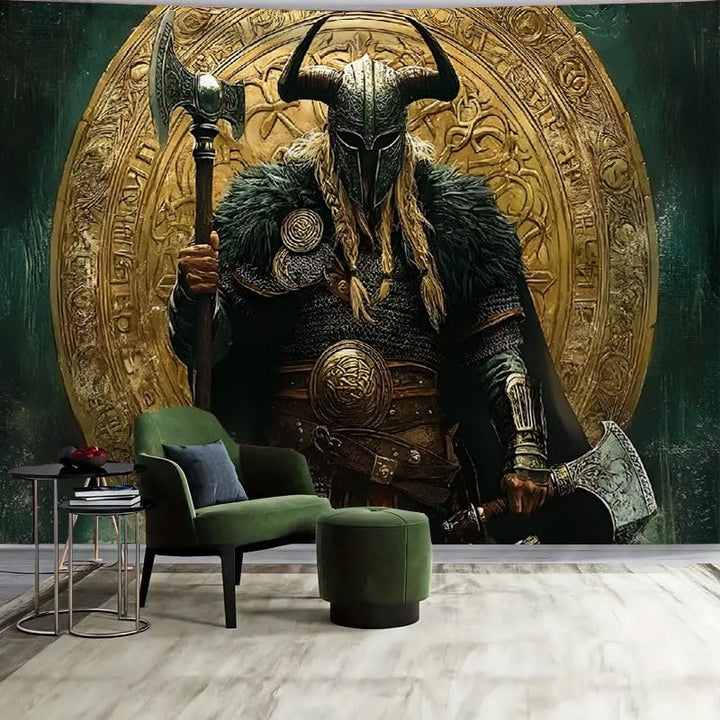 WorldNorse Viking Warrior Twin Axes Golden Disk Tapestry - Viking Axe - 180X320cm - image 0
