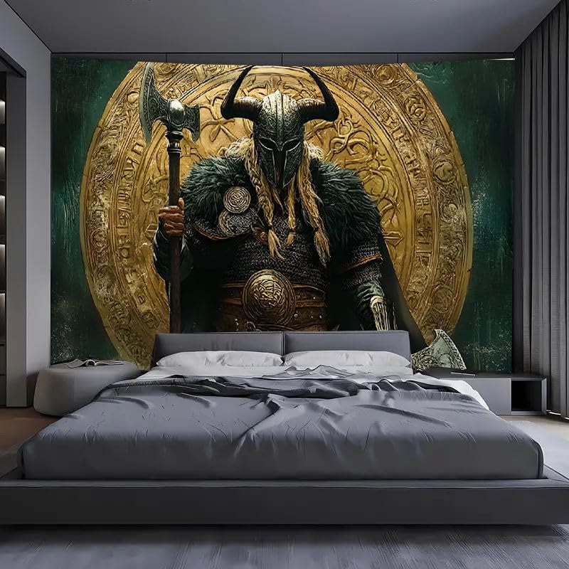 WorldNorse Viking Warrior Twin Axes Golden Disk Tapestry - image 2