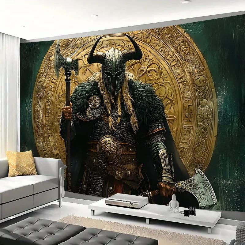 WorldNorse Viking Warrior Twin Axes Golden Disk Tapestry - image 4