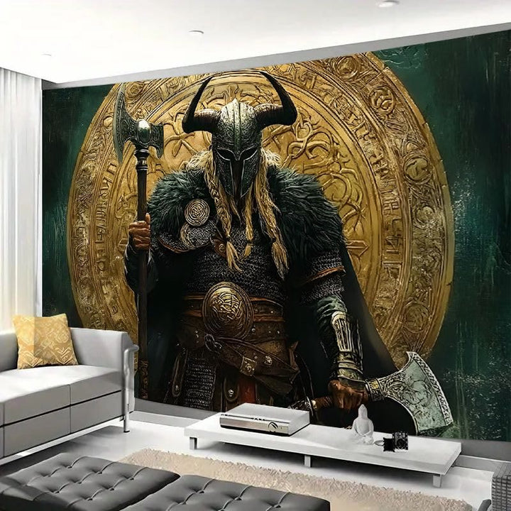 WorldNorse Viking Warrior Twin Axes Golden Disk Tapestry - image 4