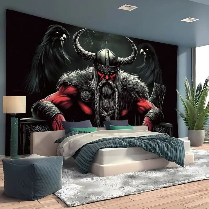 WorldNorse Dark Ravens Horned Helmet Viking Chieftain Tapestry - image 1