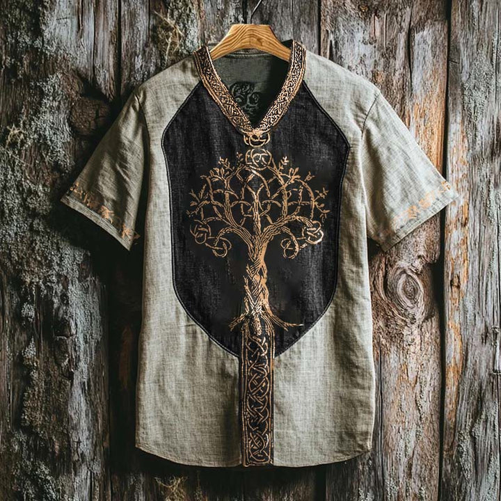 WorldNorse Viking Retro Yggdrasil Celtic Knot Linen V-neck T Shirt - Green - US/UK/AU50，EU60 (5XL) - image 0