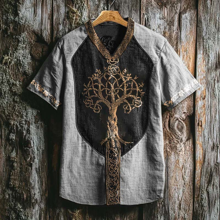 WorldNorse Viking Retro Yggdrasil Celtic Knot Linen V-neck T Shirt - Grey - US/UK/AU50，EU60 (5XL) - image 2