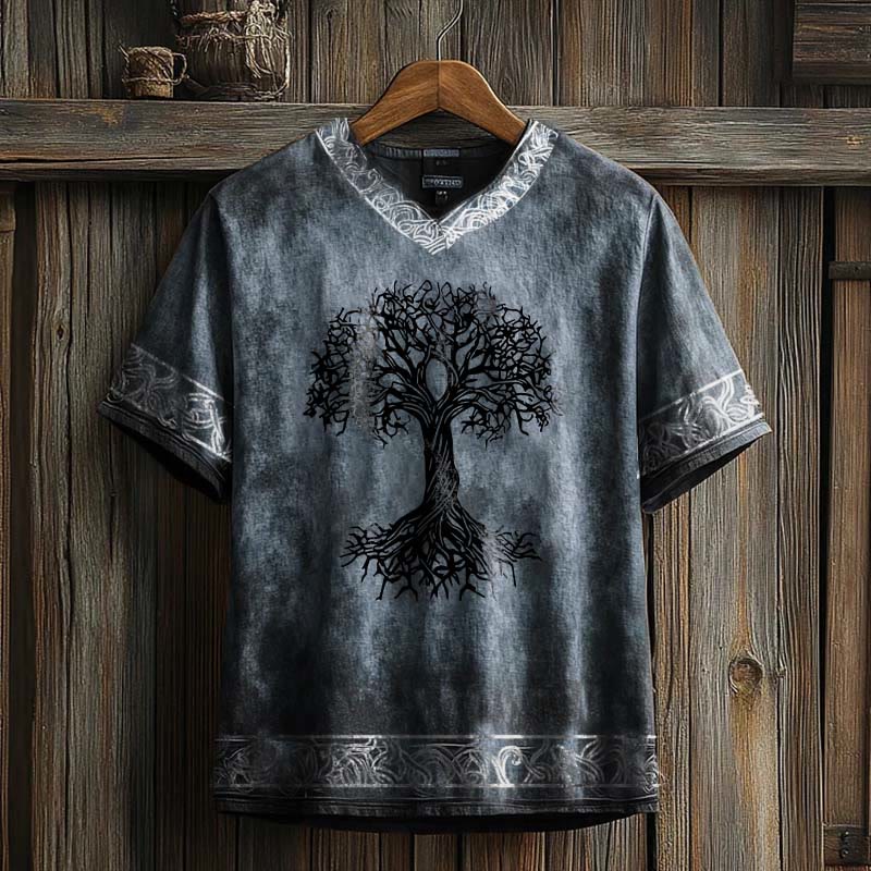WorldNorse Celtic Knot Tree Of Life Printed Linen V-neck T Shirt - Blue - US/UK/AU50，EU60 (5XL) - image 1