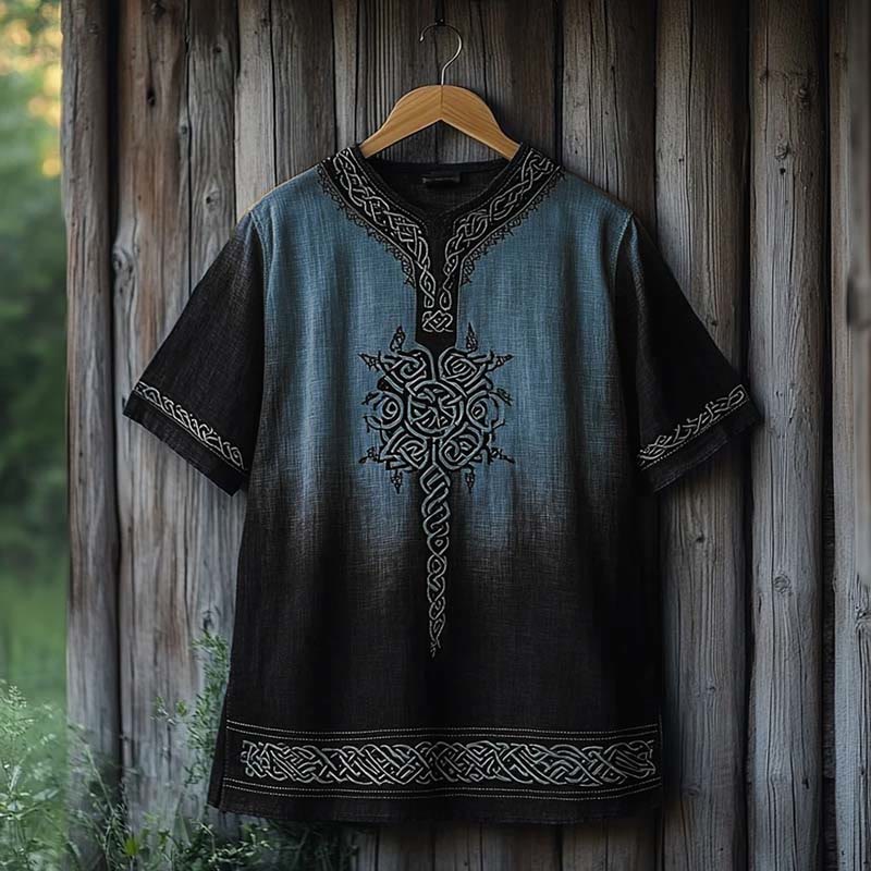 WorldNorse Viking Celtic Knot Printed Gradient Linen V-neck T Shirt - Blue & Black - US/UK/AU50，EU60 (5XL) - image 4