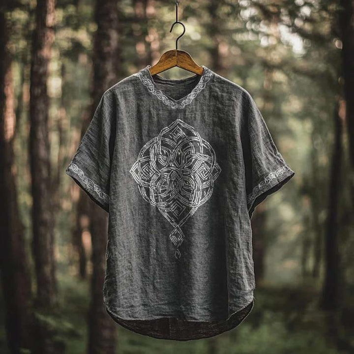 WorldNorse Viking Vintage Celtic Knot Linen V-neck T Shirt - US/UK/AU50，EU60 (5XL) - image 0