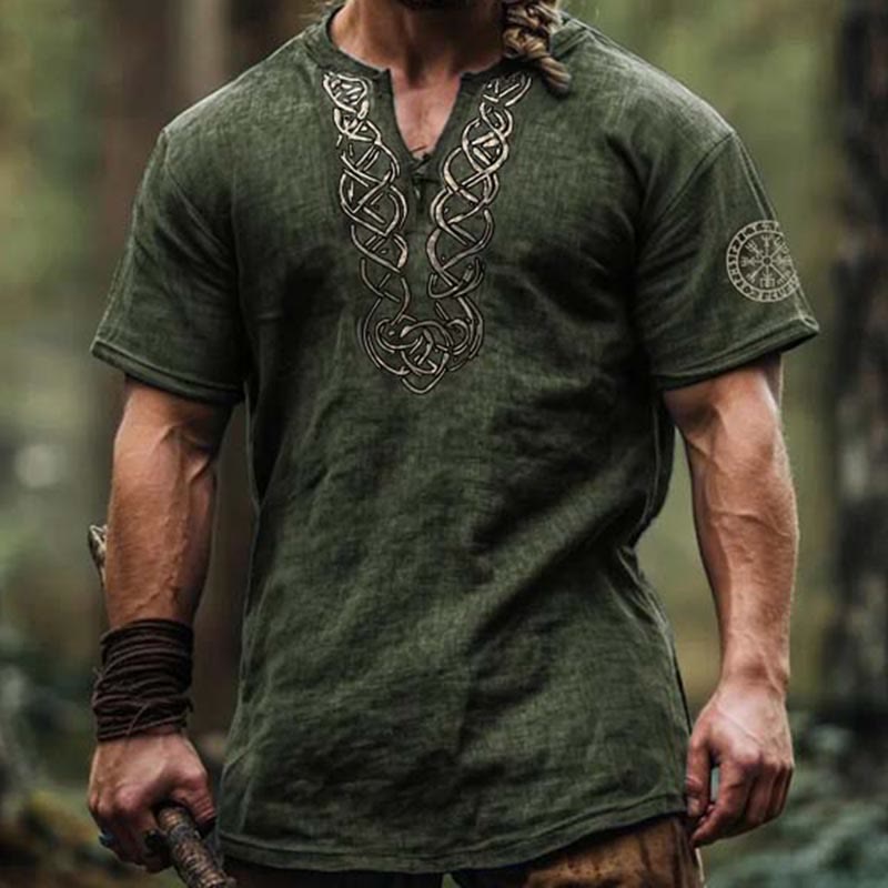 WorldNorse Viking Vintage Vegvisir Celtic Knot Linen V-neck Shirt - image 4