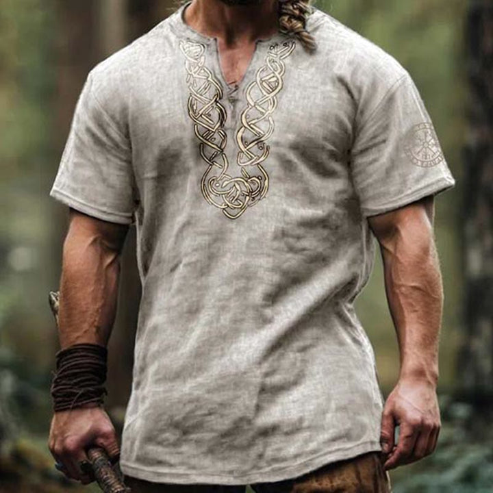 WorldNorse Viking Vintage Vegvisir Celtic Knot Linen V-neck Shirt - White - US/UK/AU50，EU60 (5XL) - image 3