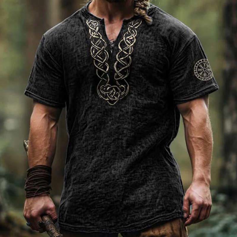 WorldNorse Viking Vintage Vegvisir Celtic Knot Linen V-neck Shirt - Black - US/UK/AU50，EU60 (5XL) - image 2