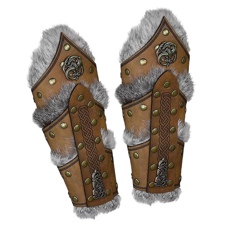 WorldNorse Celtic Knot Rivets Metal Accessories Arm Bracers - With Fur - Brown - image 0