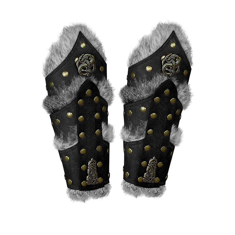 WorldNorse Celtic Knot Rivets Metal Accessories Arm Bracers - With Fur - Black - image 4
