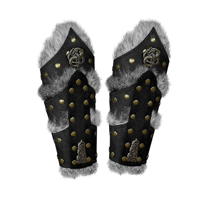 WorldNorse Celtic Knot Rivets Metal Accessories Arm Bracers - With Fur - Black - image 4