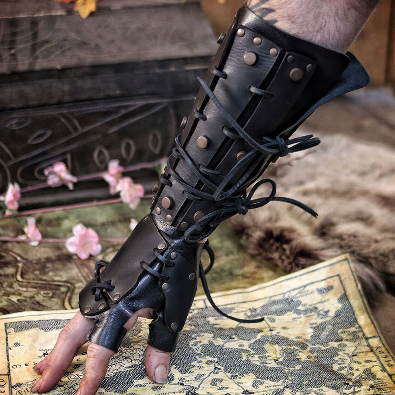 WorldNorse Rivets Lace Up Finger Covering Arm Bracers - Black - image 3