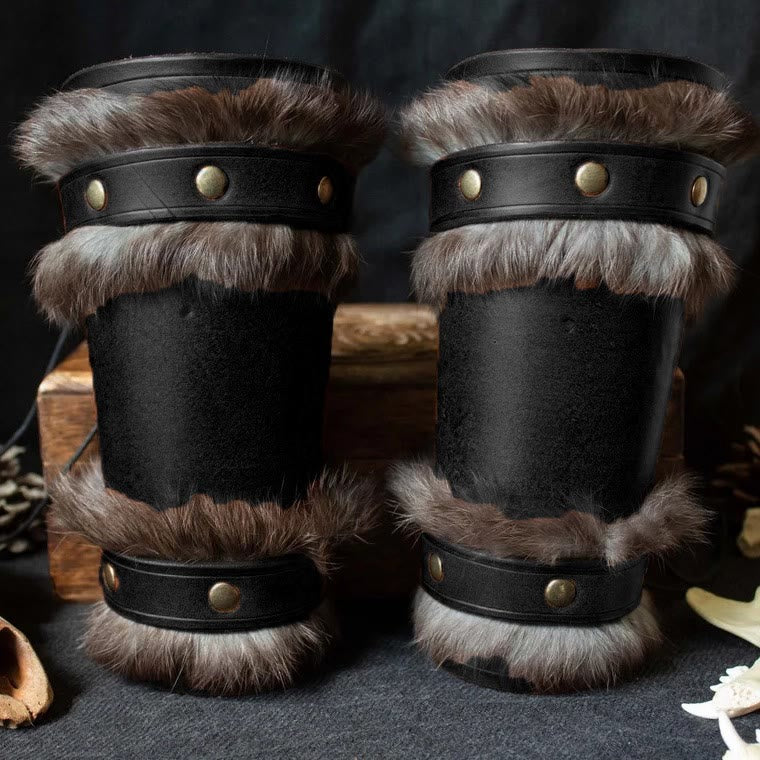 WorldNorse Medieval Knight Fur Trim Leather Arm Bracers - Black - image 3