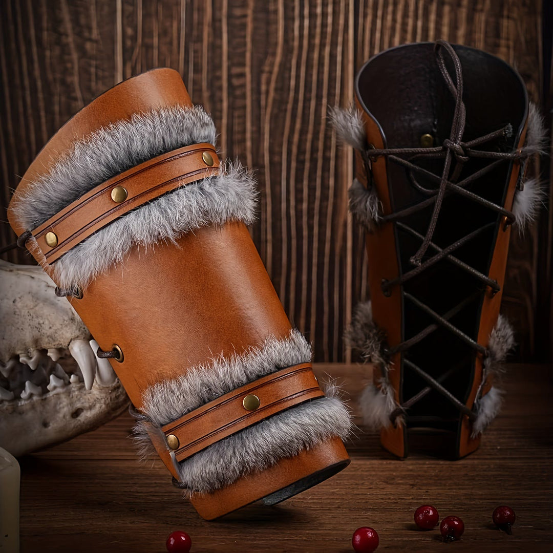 WorldNorse Medieval Knight Fur Trim Leather Arm Bracers - image 1