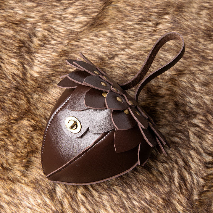 WorldNorse Artistic Acorn Shaped Leather Petal Decorated Pouch Bag - Chestnuts - Brown - image 4