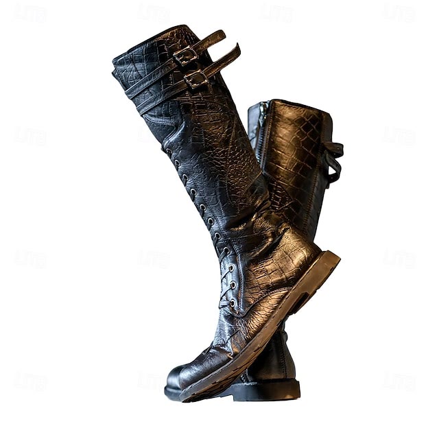 WorldNorse Rugged Buckled Lace Up Tall Boots - Black Crocodile - 49 - image 7