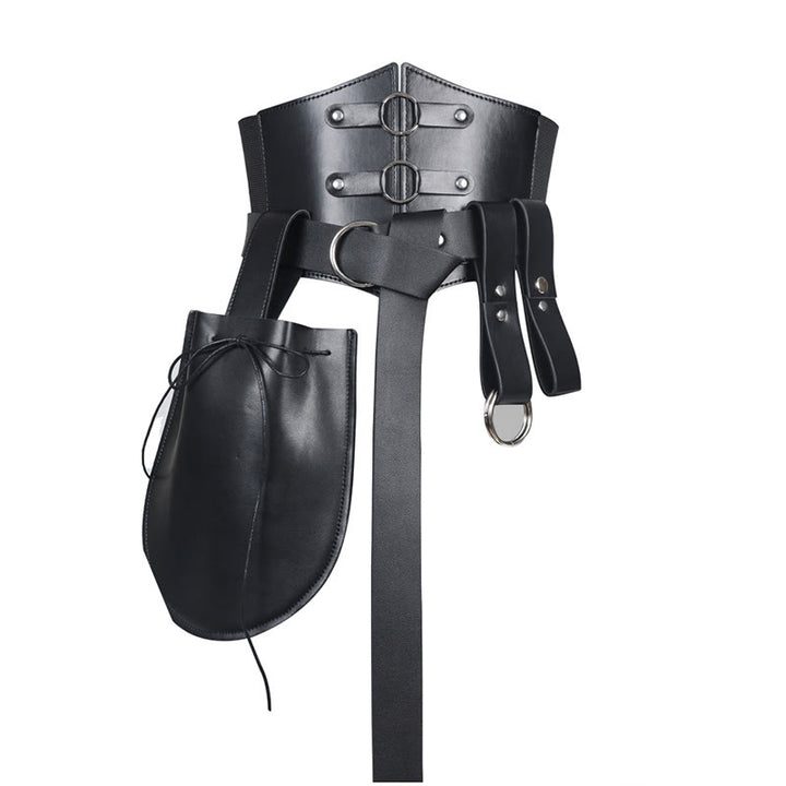 WorldNorse Edgy Double Rings Drawstring Pouch Bag & Belt - Black - image 3