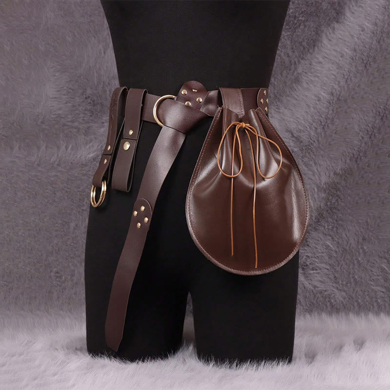 WorldNorse Edgy Double Rings Drawstring Pouch Bag & Belt - Brown - image 0