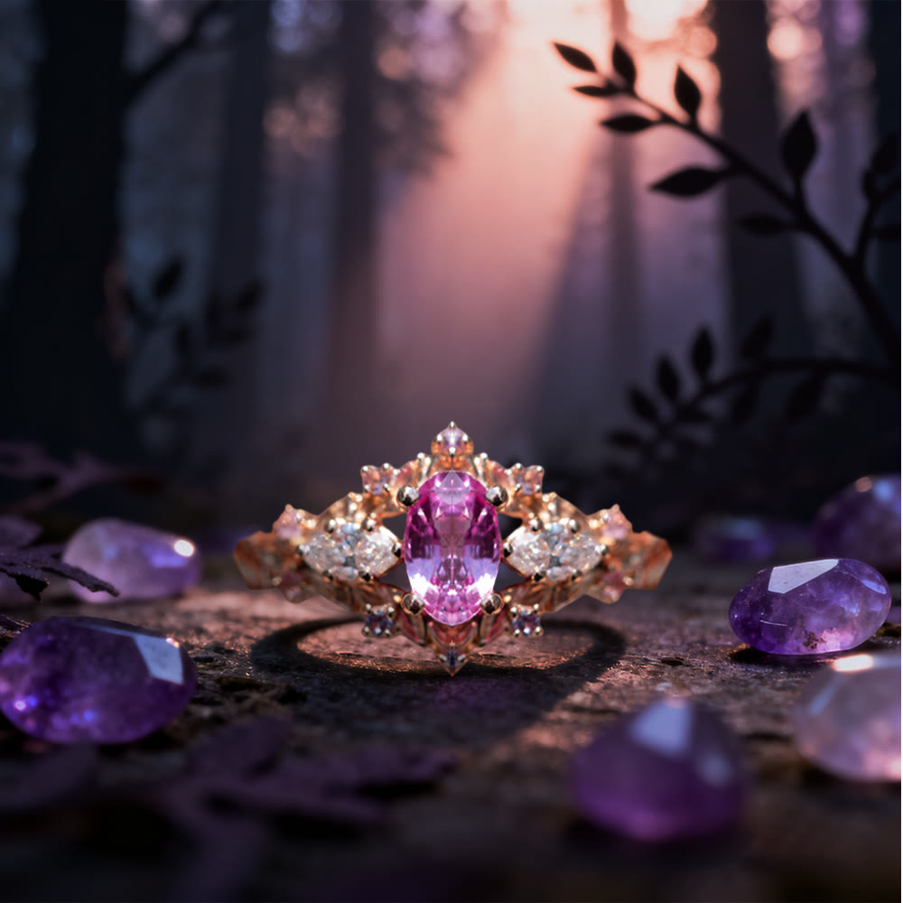 WorldNorse Dawn Leaf Zircon Branch Ring - Pink & White - UK Size T1/2 (US 10) - image 0