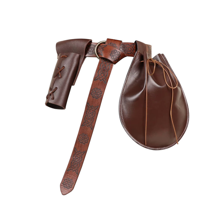 WorldNorse Celtic Pattern Embossed Leather Bag & Belt - Belt + Pouch + Scabbard - Brown - image 1