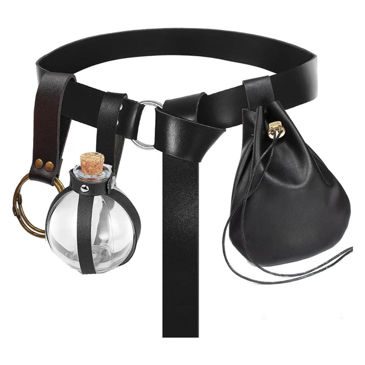WorldNorse Medieval Leather Strapped Potion Flask Bag & Belt - Belt + Pouch + Magic Bottle + Keychain - Black - image 5