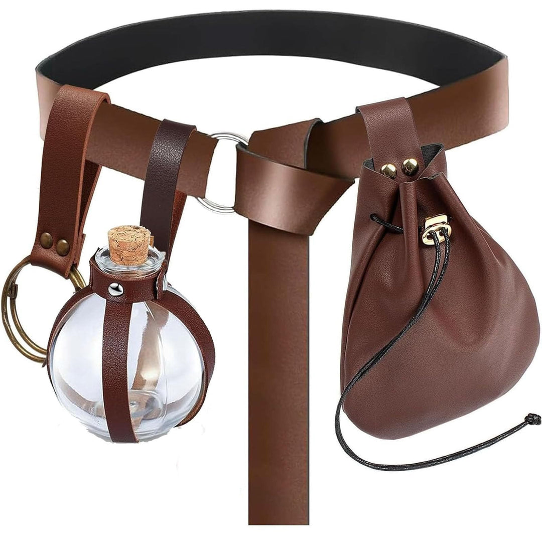 WorldNorse Medieval Leather Strapped Potion Flask Bag & Belt - Belt + Pouch + Magic Bottle + Keychain - Brown - image 0