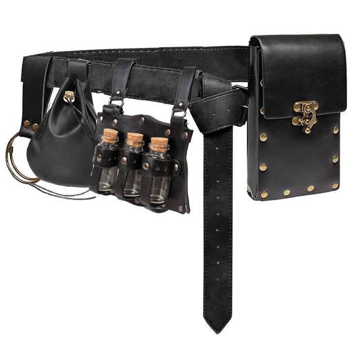 WorldNorse Medieval Potion Vial Riveted Bag & Belt - Belt + Pouch + Waist Bag+ Keychain + Cork Potion Bottle - Black - image 4
