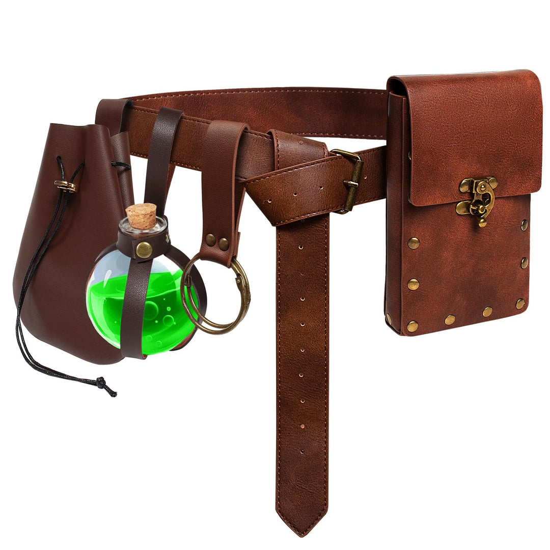 WorldNorse Gothic Potion Bottle Leather Riveted Bag & Belt - Belt + Pouch + Waist Bag + Magic Bottle + Keychain - Brown - image 4