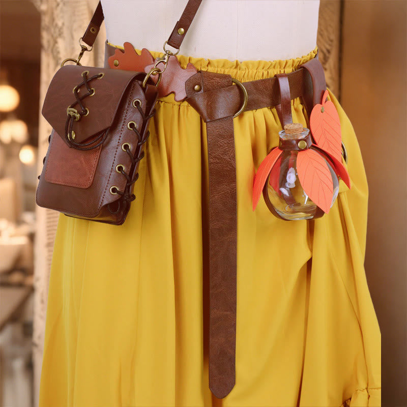 WorldNorse Rustic Leaf-Decorated Leather Bag & Belt - Waist Bag + Brown Belt + Clip + Glass Bottle Holder - image 5