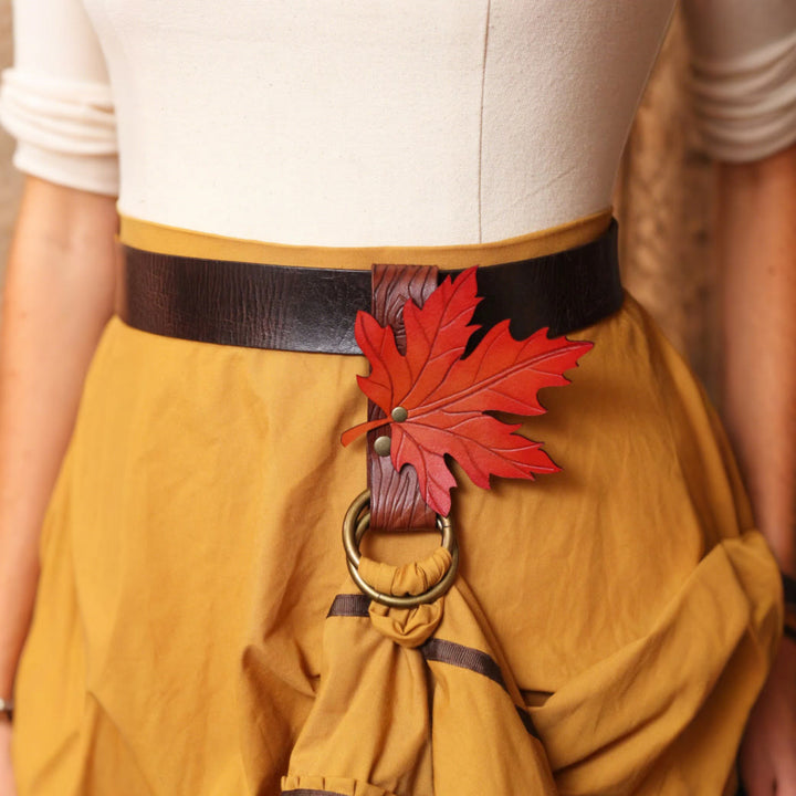 WorldNorse Rustic Leaf-Decorated Leather Bag & Belt - Brown Belt + Maple Leaf Clip - image 2