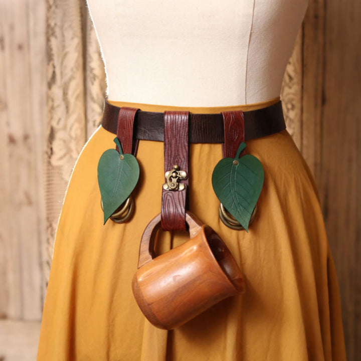 WorldNorse Rustic Leaf-Decorated Leather Bag & Belt - Belt + Keychain + 2 Green Clips - image 4