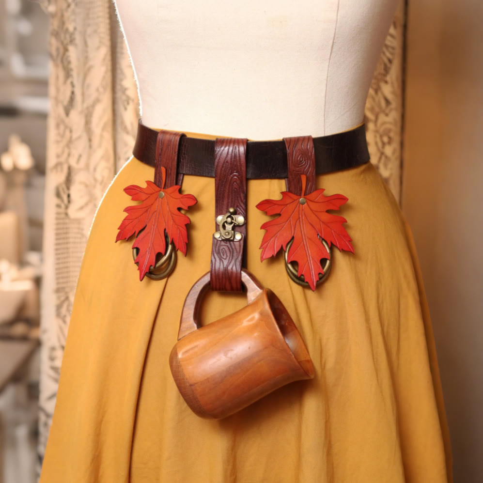 WorldNorse Rustic Leaf-Decorated Leather Bag & Belt - Brown Belt + 2 Maple Leaf Clips + Keychain - image 0